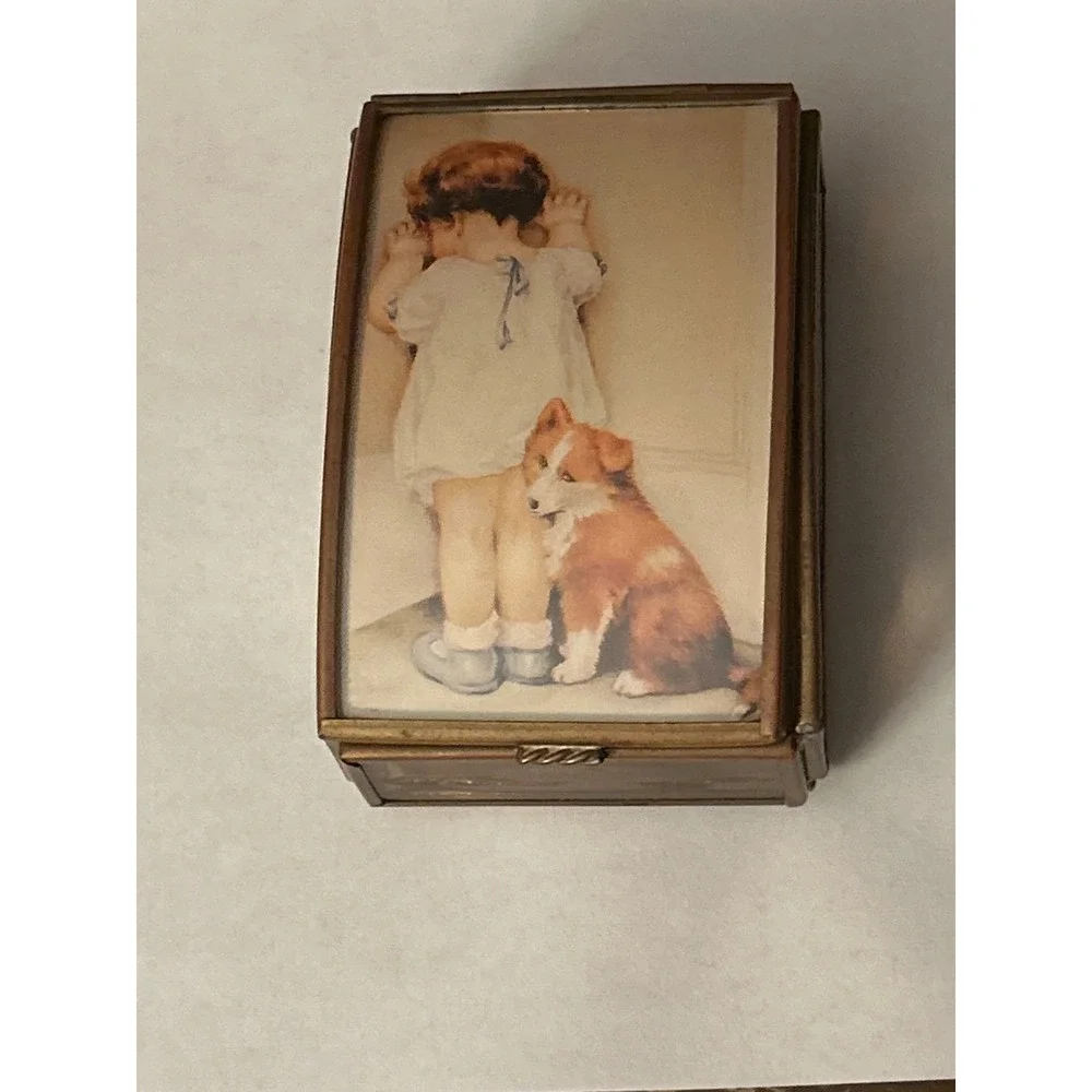 Brass Glass Trinket Jewelry Box Child Dog Via Vermont Ltd Artwork Balliol Corp